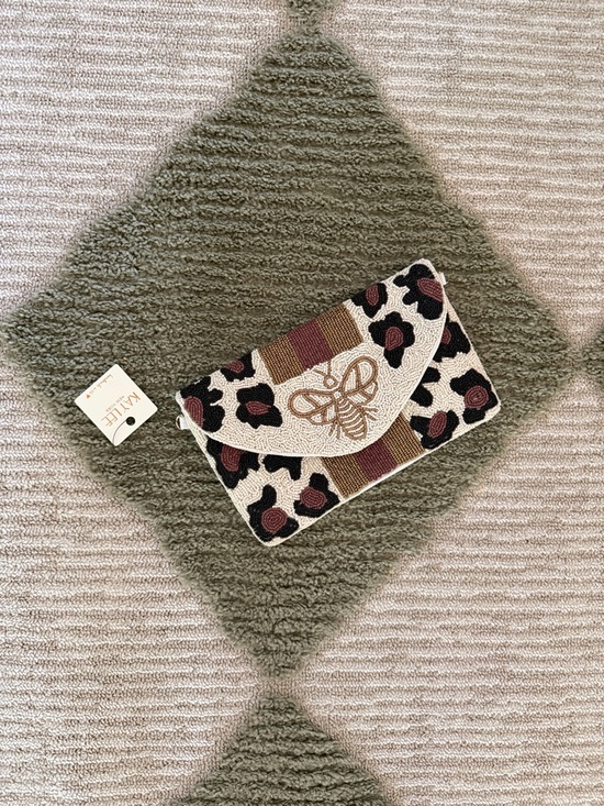 Kay Lee Handmade Handbags - Beaded Leopard Print Clutch in Cream and Brown
